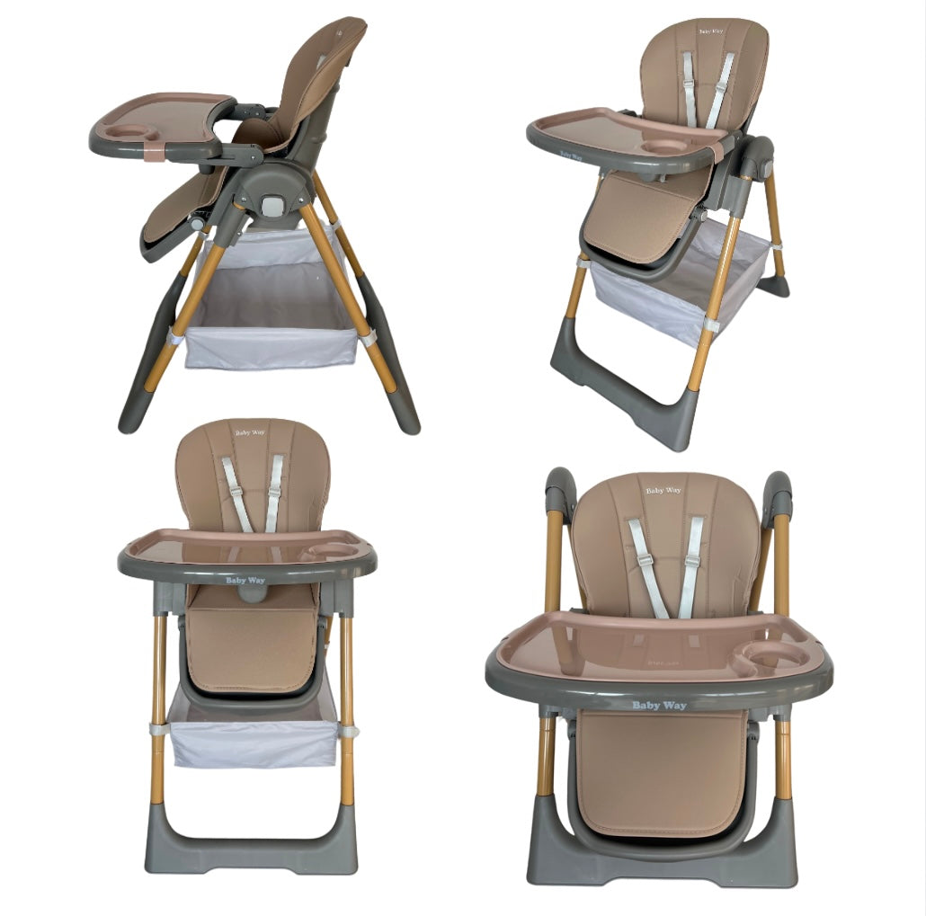 Elevate Adjustable and Folding High Chair with Locking Wheels and Storage Basket - BROWN