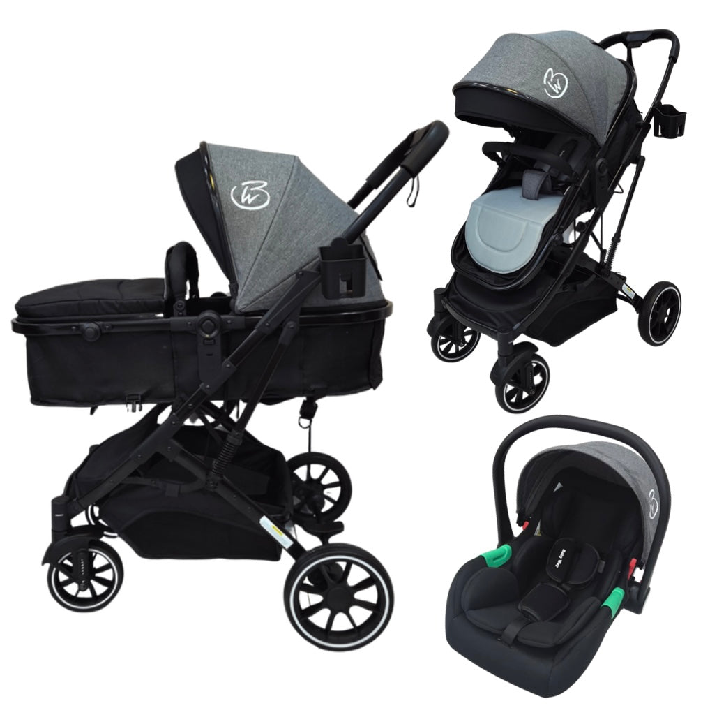 Preorder - Gold Series 3-in-1 Travel System - Bassinet + Stroller + Capsule with Food Tray - Grey/Black