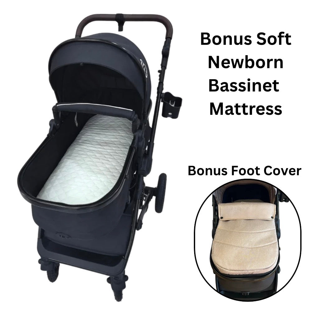 Supra Black - 3in1 Stroller Buggy + Bassinet + Capsule Travel System with Sunshade Sets and Food Tray & Beige Colour Pack