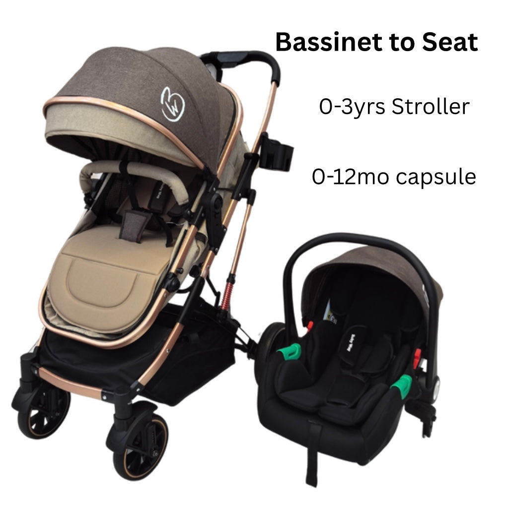 Preorder - Gold Series 3 in 1 Travel System - Stroller + Bassinet + Capsule with Food Tray - Beige/Gold