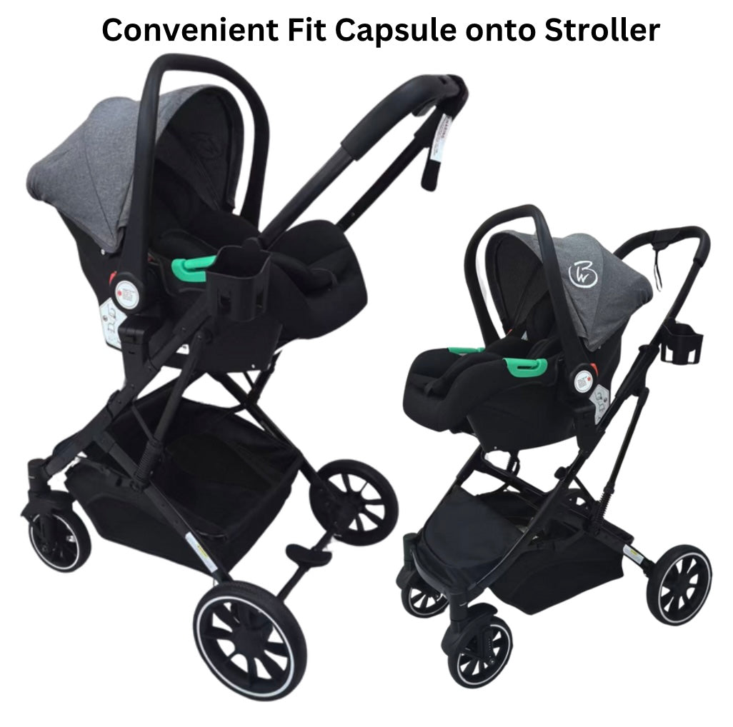 Preorder - Gold Series 3-in-1 Travel System - Bassinet + Stroller + Capsule with Food Tray - Grey/Black
