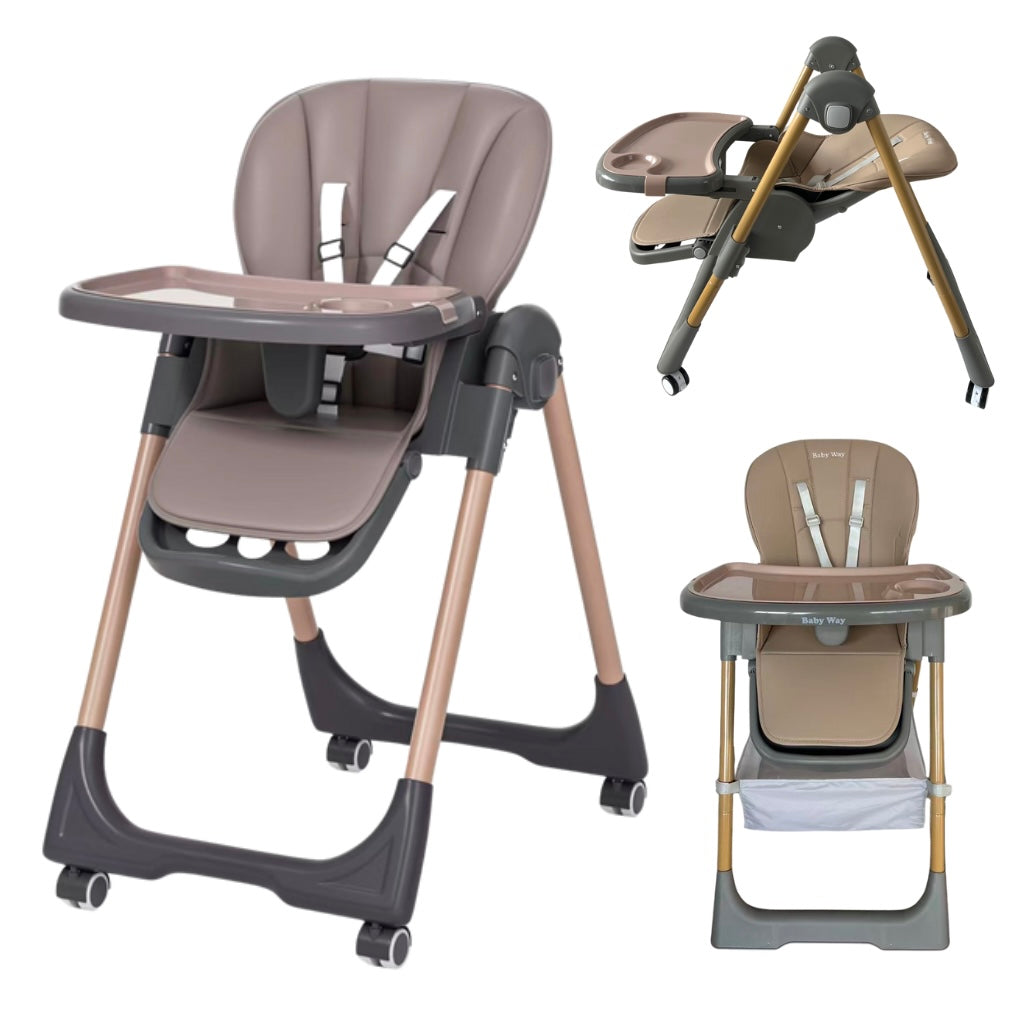 Elevate Adjustable and Folding High Chair with Locking Wheels and Storage Basket - BROWN