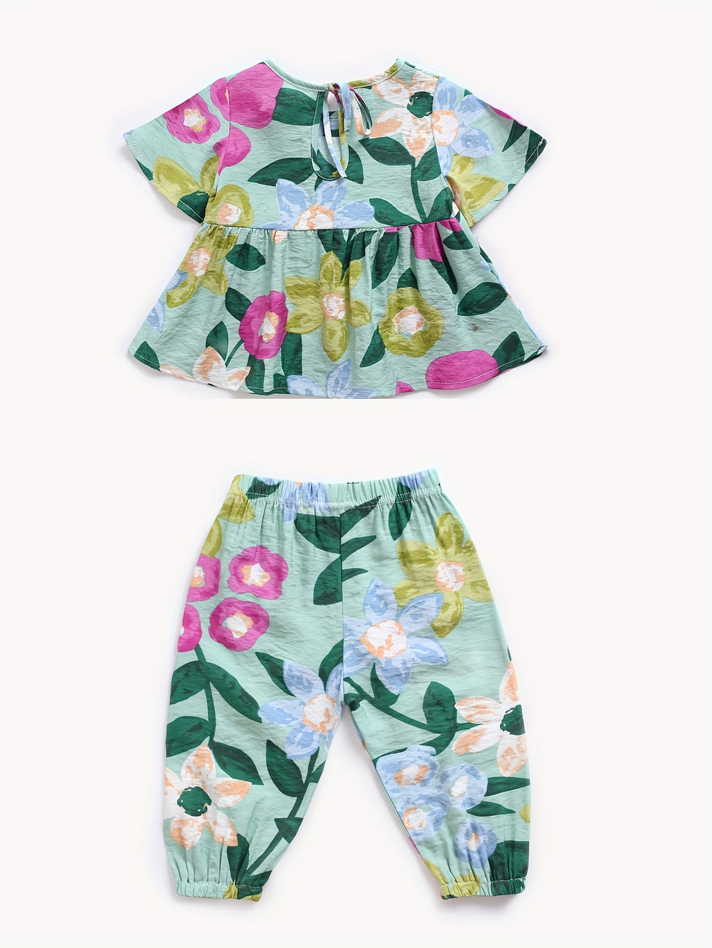 2pcs Set Summer Girls'  Print Dress and Pants Outfit