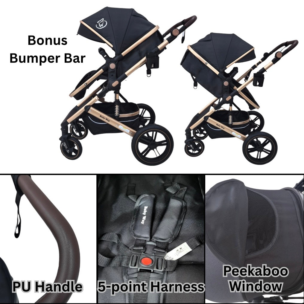 Preorder - Supra Gold - 3 in 1 Stroller Buggy + Bassinet + Capsule Car Seat Combo with Mattress, Food Tray and Beige Skin