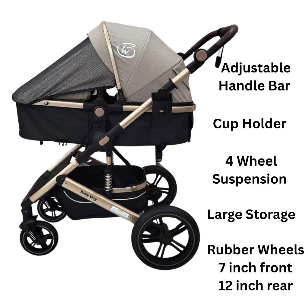 Preorder - Supra Gold - 3 in 1 Stroller Buggy + Bassinet + Capsule Car Seat Combo with Mattress, Food Tray and Beige Skin