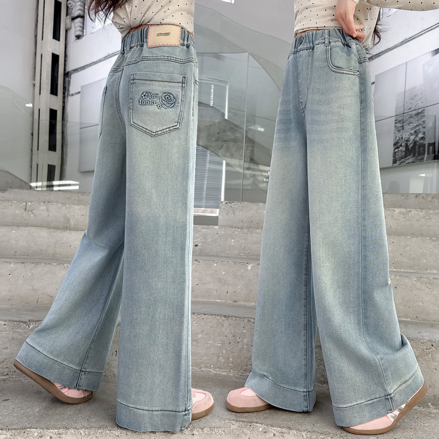 Girls' Denim Pants Embossed Label Student Stylish Kids Pants