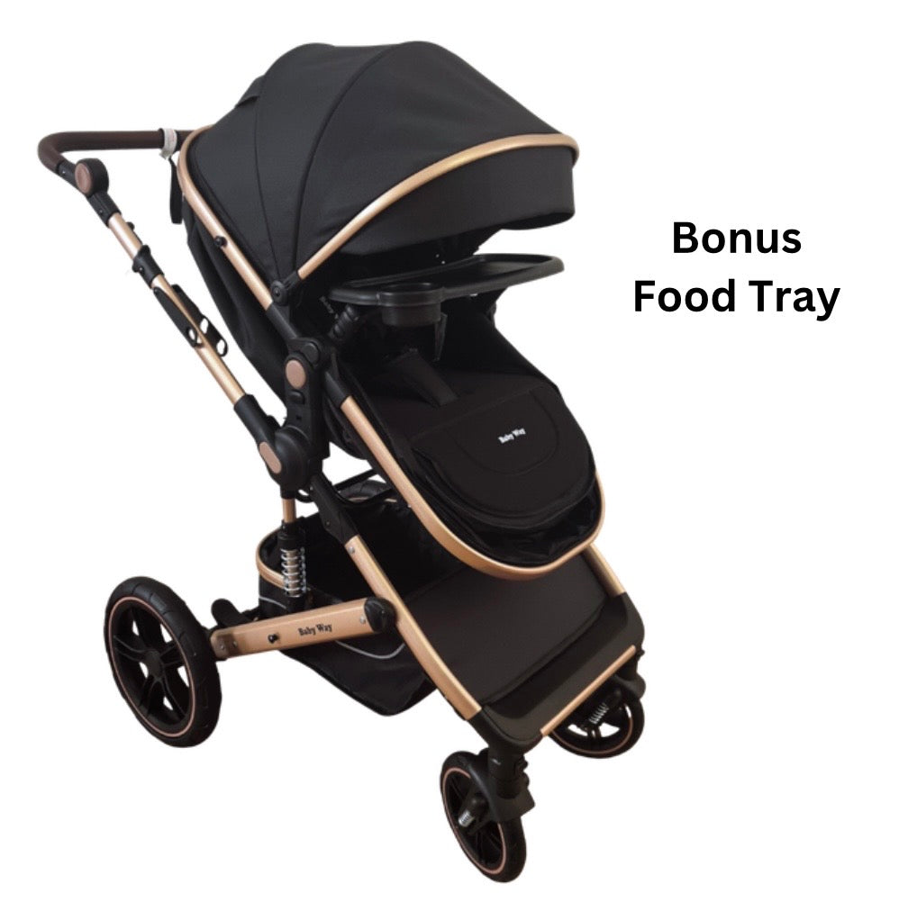 Preorder - Supra Gold - 3 in 1 Stroller Buggy + Bassinet + Capsule Car Seat Combo with Mattress, Food Tray and Pink Skin