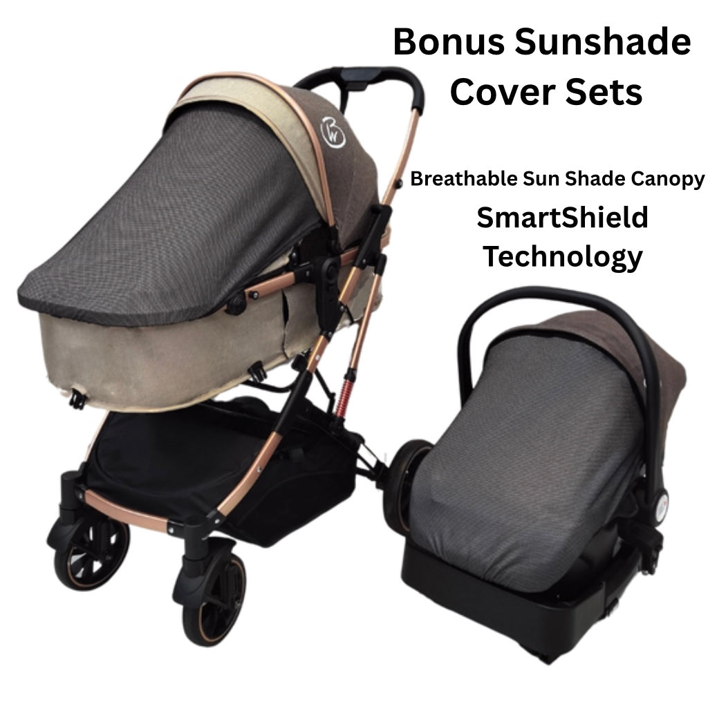 Preorder - Gold Series 3 in 1 Travel System - Stroller + Bassinet + Capsule with Food Tray - Beige/Gold