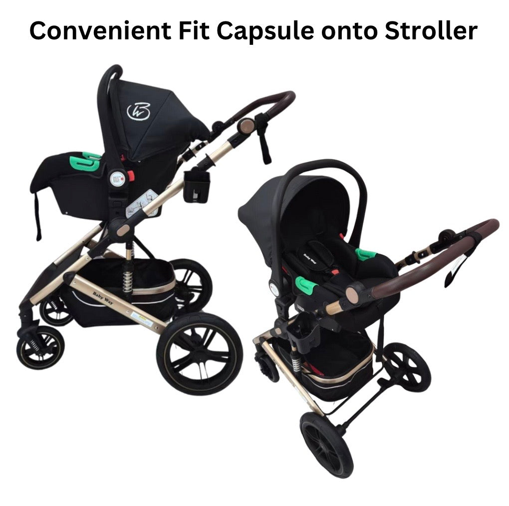 Preorder - Supra Gold - 3 in 1 Stroller Buggy + Bassinet + Capsule Car Seat Combo with Mattress, Food Tray and Pink Skin