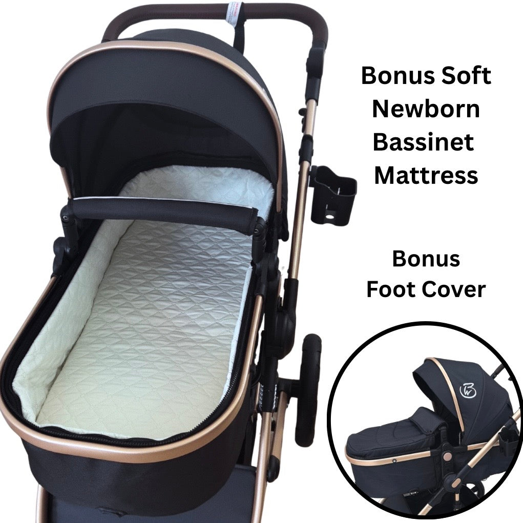 Preorder - Supra Gold - 3 in 1 Stroller Buggy + Bassinet + Capsule Car Seat Combo with Mattress, Food Tray and Beige Skin