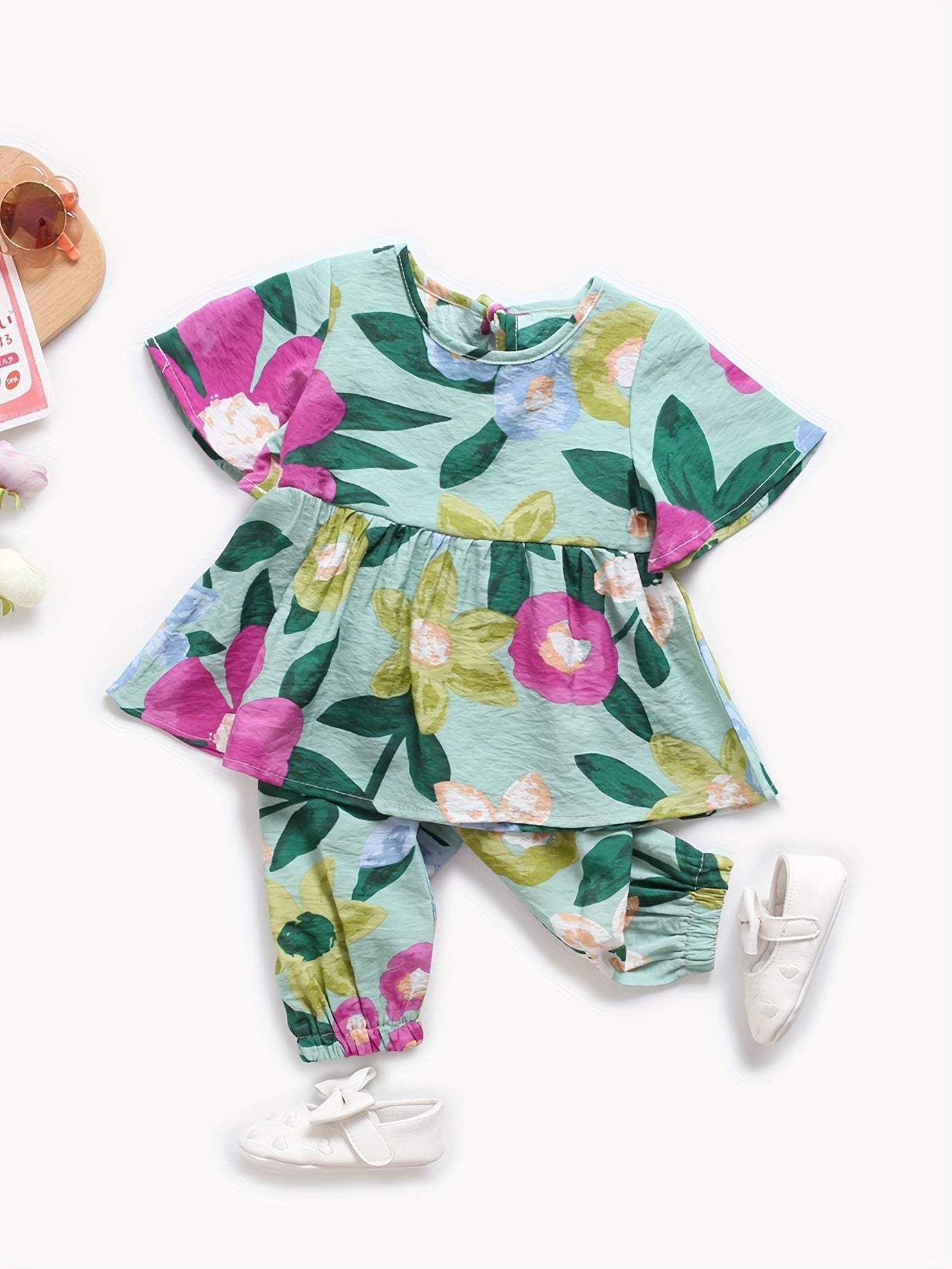 2pcs Set Summer Girls'  Print Dress and Pants Outfit