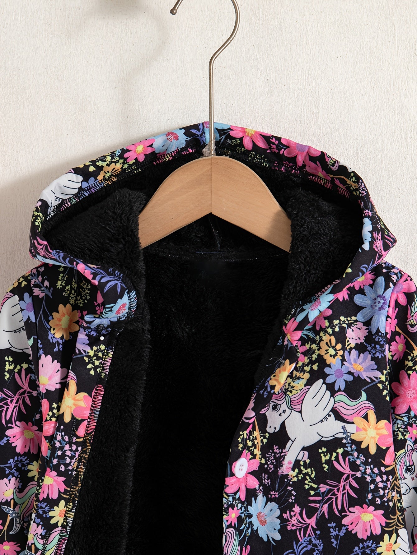 Girls' Floral Pattern Long-Sleeve Hooded Padded Coat