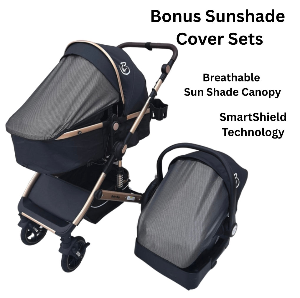 Preorder - Supra Gold 3-in-1 Travel System – Stroller Buggy + Bassinet + Capsule Car Seat and Mattress, Food Tray - Black Gold