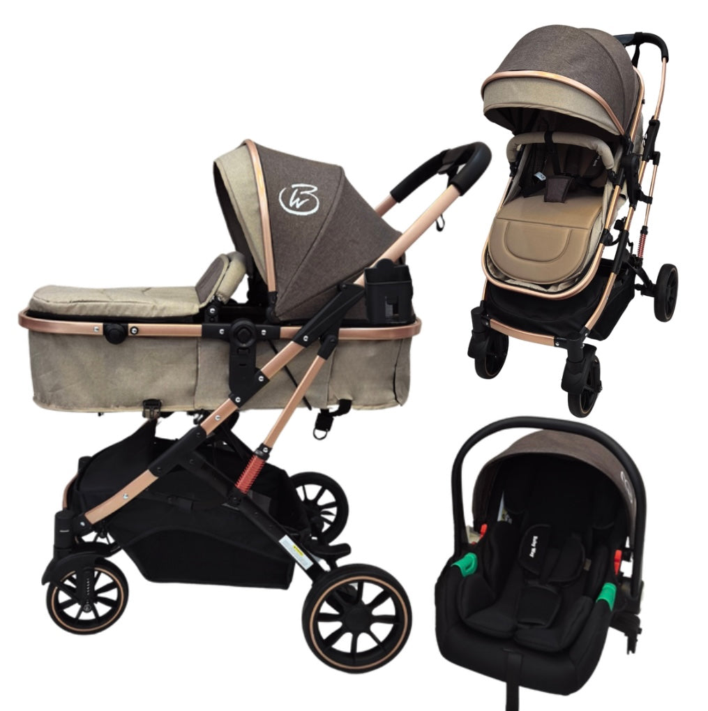 Preorder - Gold Series 3 in 1 Travel System - Stroller + Bassinet + Capsule with Food Tray - Beige/Gold