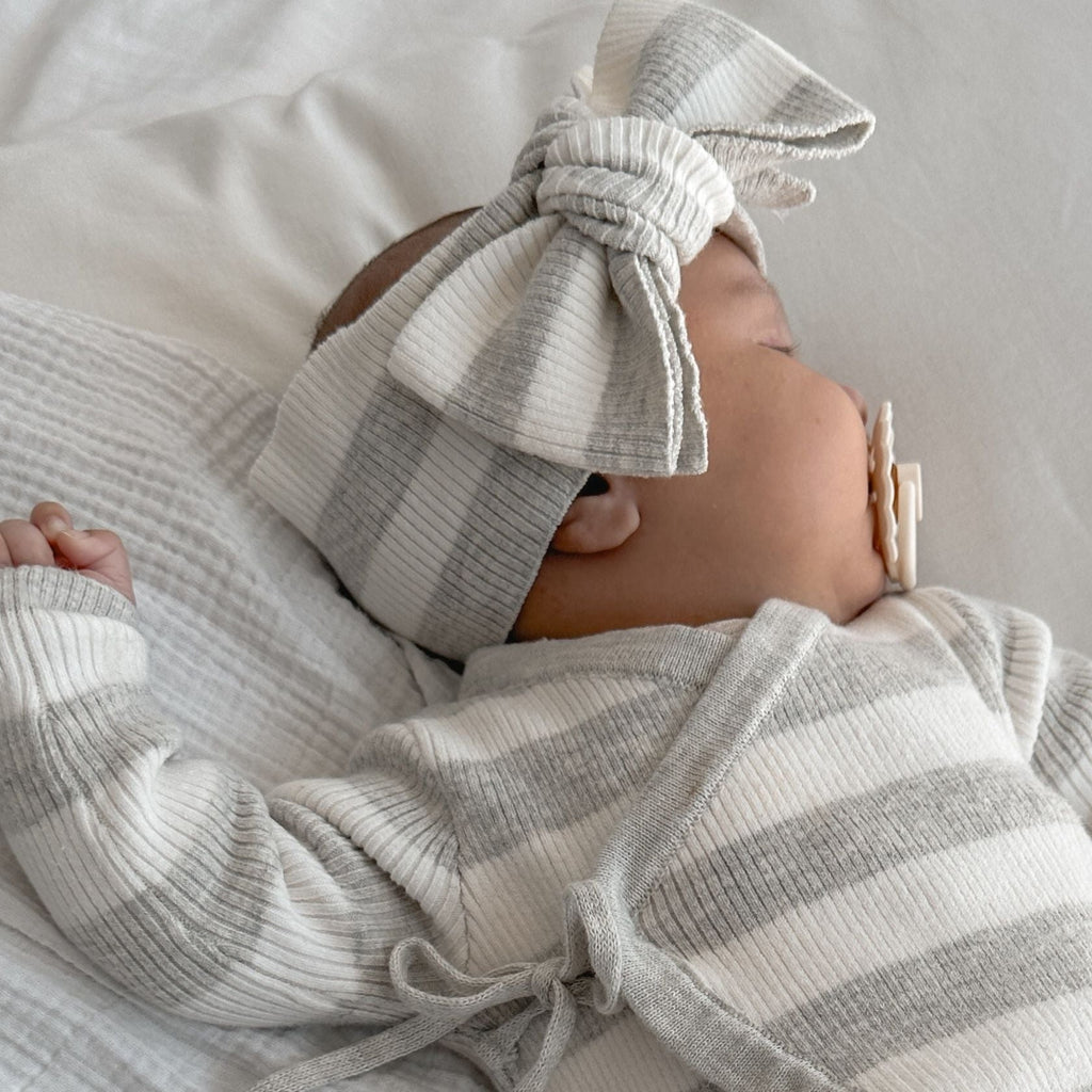 Basics ribbed knit bow headband - Milk and mist stripe