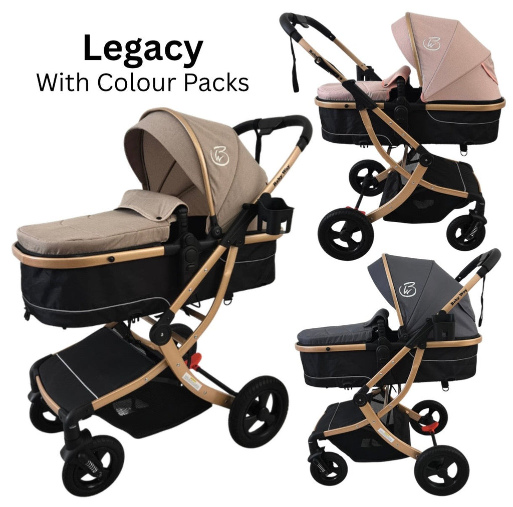 Preorder - Legacy Gold - 3in1 Stroller + Bassinet + Capsule Car Seat Combo with Mattress, Sunshades and Food Tray