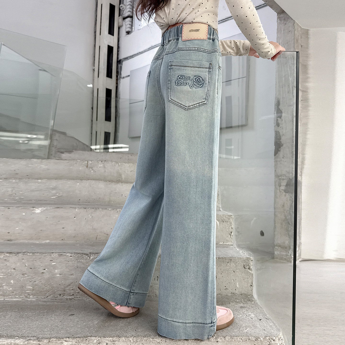 Girls' Denim Pants Embossed Label Student Stylish Kids Pants