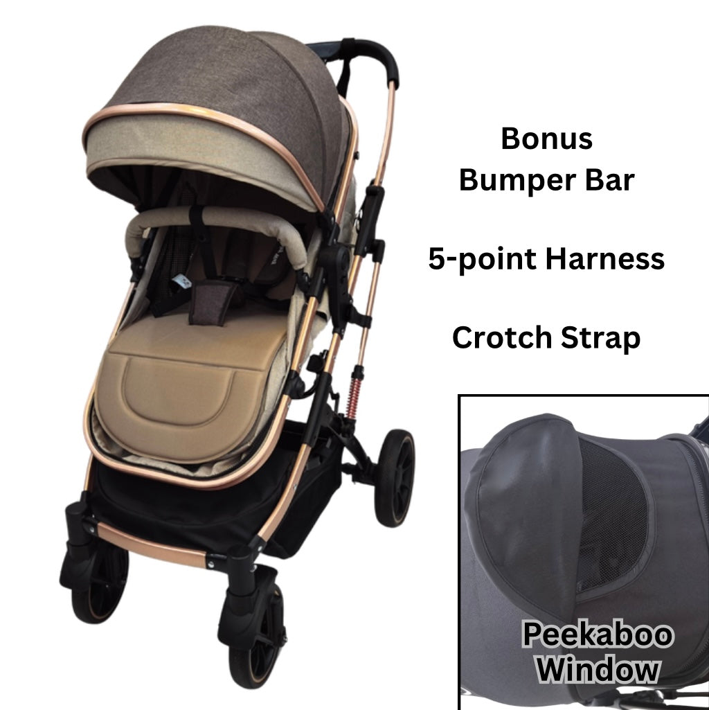 Preorder - Gold Series 3 in 1 Travel System - Stroller + Bassinet + Capsule with Food Tray - Beige/Gold