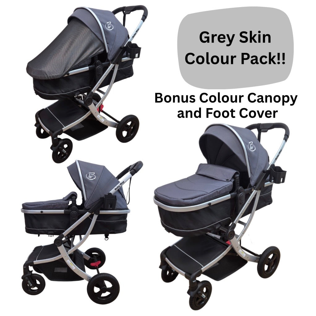 Legacy Travel System - Stroller + Bassinet + Capsule with Mattress and Food Tray - Grey Skin