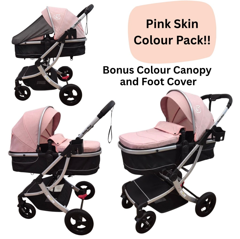 Starla Silver with Pink Colour Pack – 2-in-1 Bassinet to Seat Stroller + Food Tray