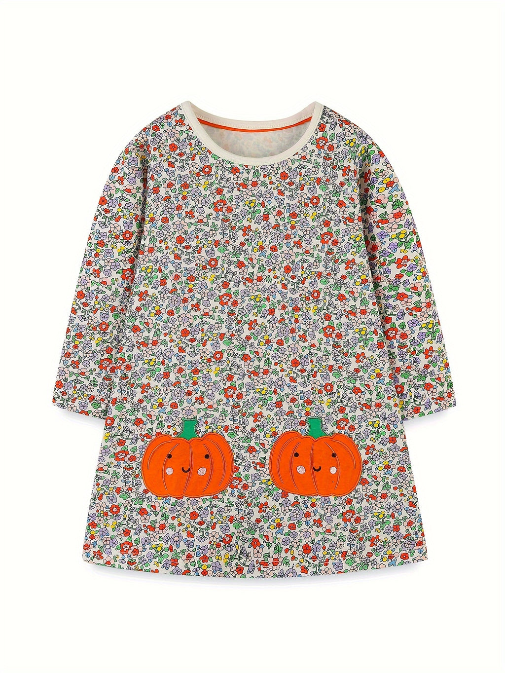 Soft Cotton-Like Fabric Long Sleeve Floral & Pumpkin Print with Smocked Waist Dress