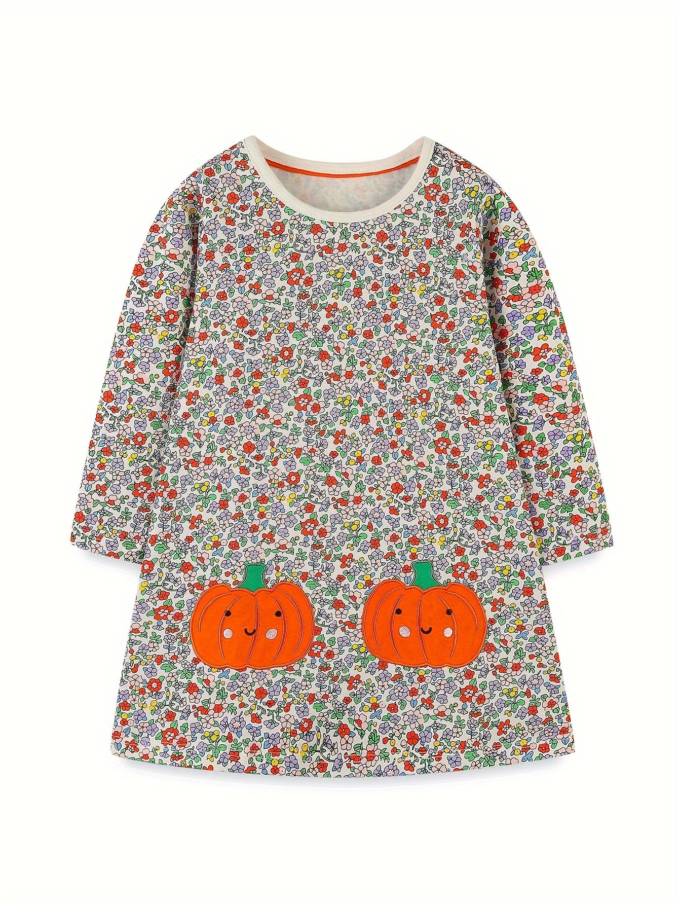 Soft Cotton-Like Fabric Long Sleeve Floral & Pumpkin Print with Smocked Waist Dress