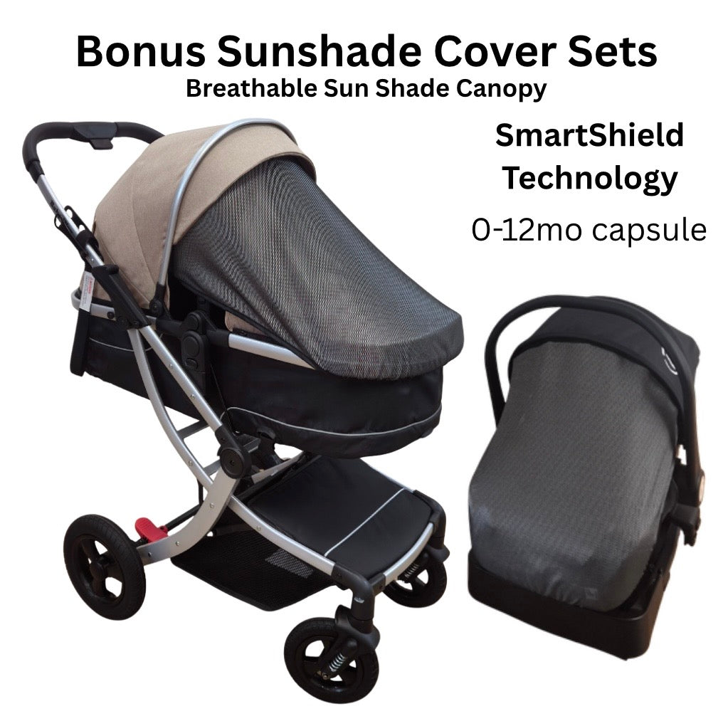 Legacy Travel System - Stroller + Bassinet + Capsule with Mattress and Food Tray - Beige Skin