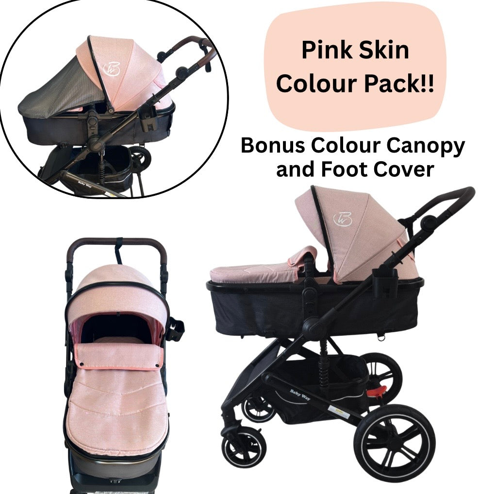 Supra Black - 3in1 Stroller Buggy + Bassinet + Capsule Travel System with Sunshade Sets & Food Tray & Pink Colour Pack