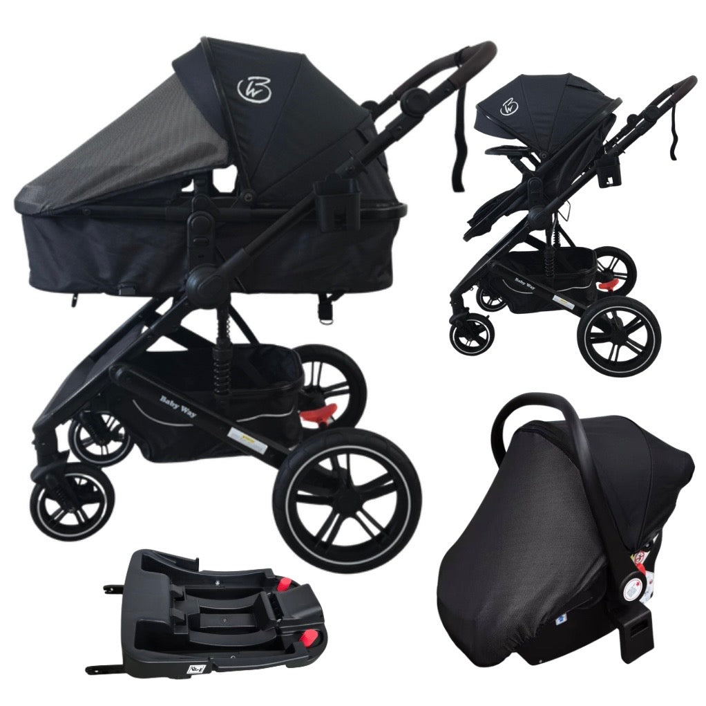 Supra Black - 3in1 Stroller Buggy + Bassinet + Capsule Travel System with Sunshade Sets & Food Tray & Pink Colour Pack
