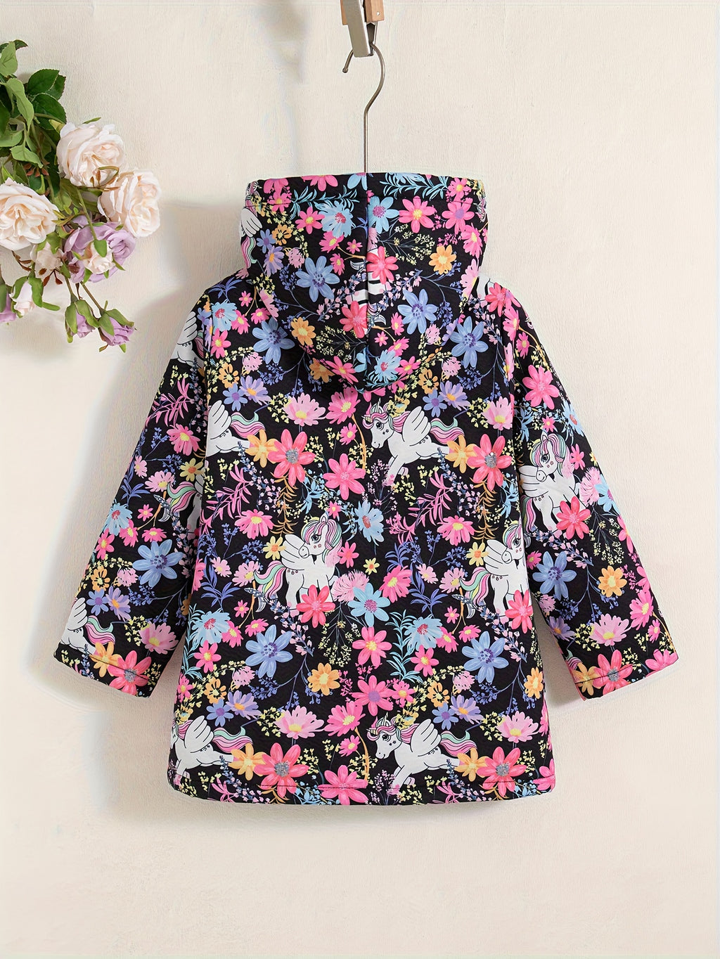 Girls' Floral Pattern Long-Sleeve Hooded Padded Coat
