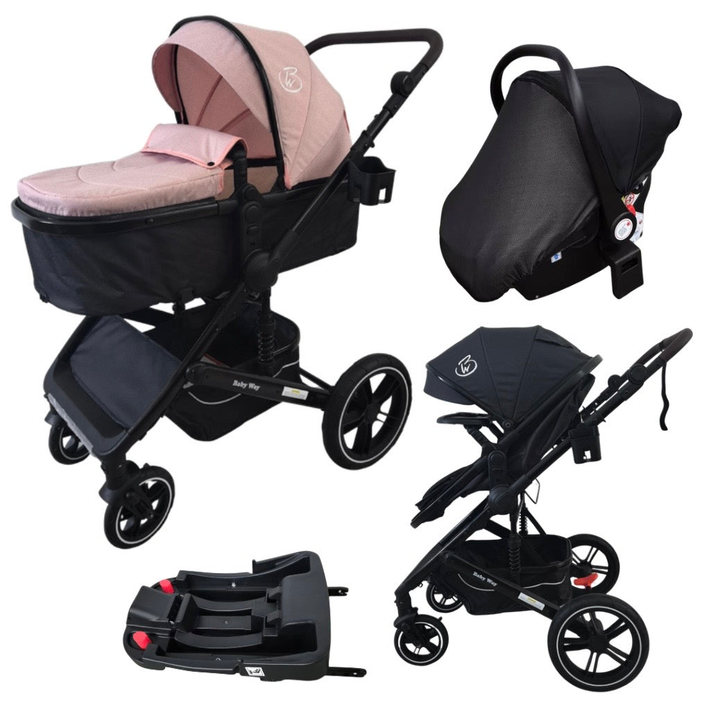 Supra Black - 3in1 Stroller Buggy + Bassinet + Capsule Travel System with Sunshade Sets & Food Tray & Pink Colour Pack