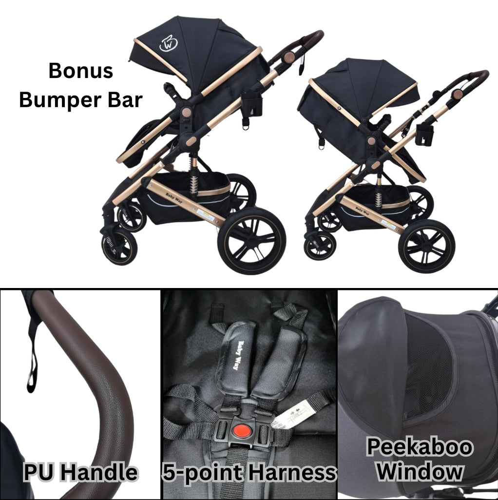 Preorder - Supra Gold 3-in-1 Travel System – Stroller Buggy + Bassinet + Capsule Car Seat and Mattress, Food Tray - Black Gold