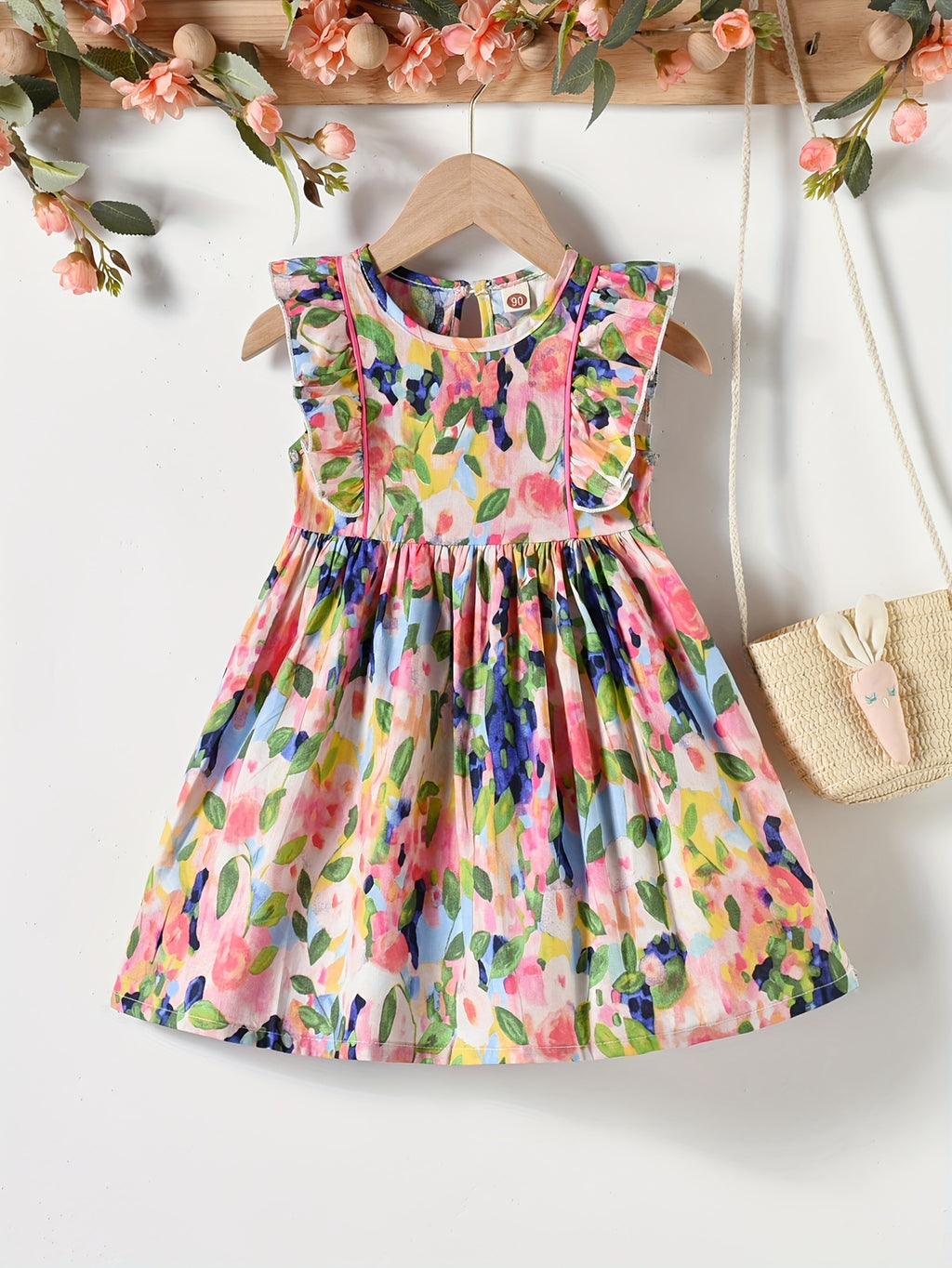Girls' Summer Colorful Oil Painting Floral Puff Sleeve Dress