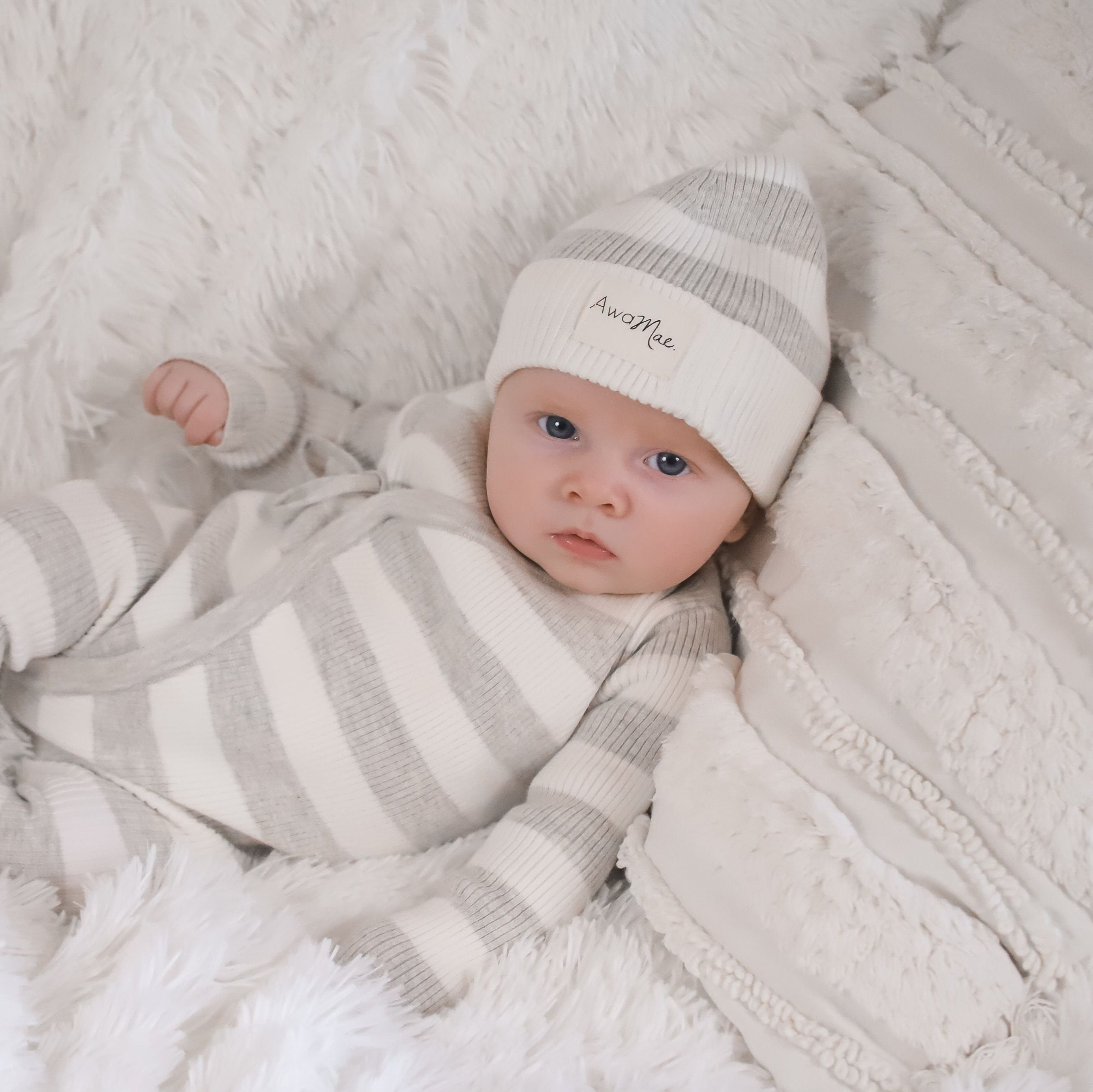 Basics ribbed knit beanie - Milk and mist stripe