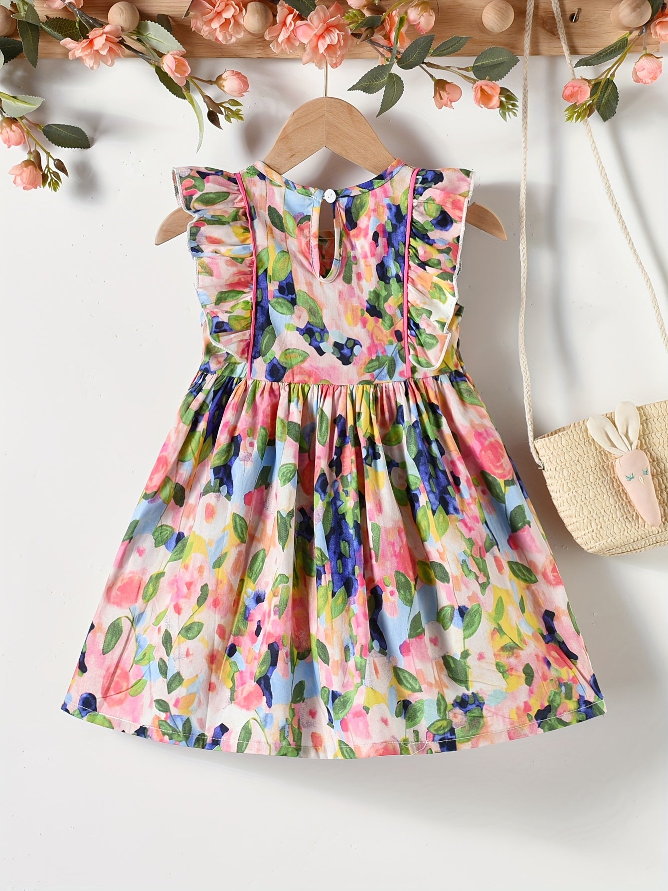 Girls' Summer Colorful Oil Painting Floral Puff Sleeve Dress