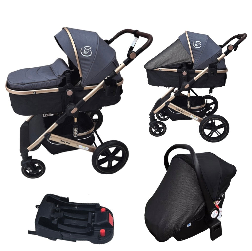 Preorder - Supra Gold - 3 in 1 Stroller Buggy + Bassinet + Capsule Car Seat Combo with Mattress, Food Tray and Grey Skin