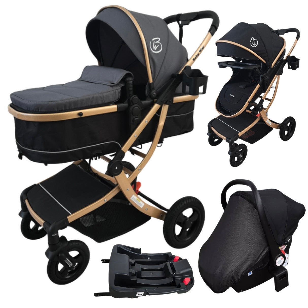 Preorder - Legacy Gold - 3in1 Stroller + Bassinet + Capsule Car Seat Combo with Mattress, Sunshades, Food Tray and Grey Skin
