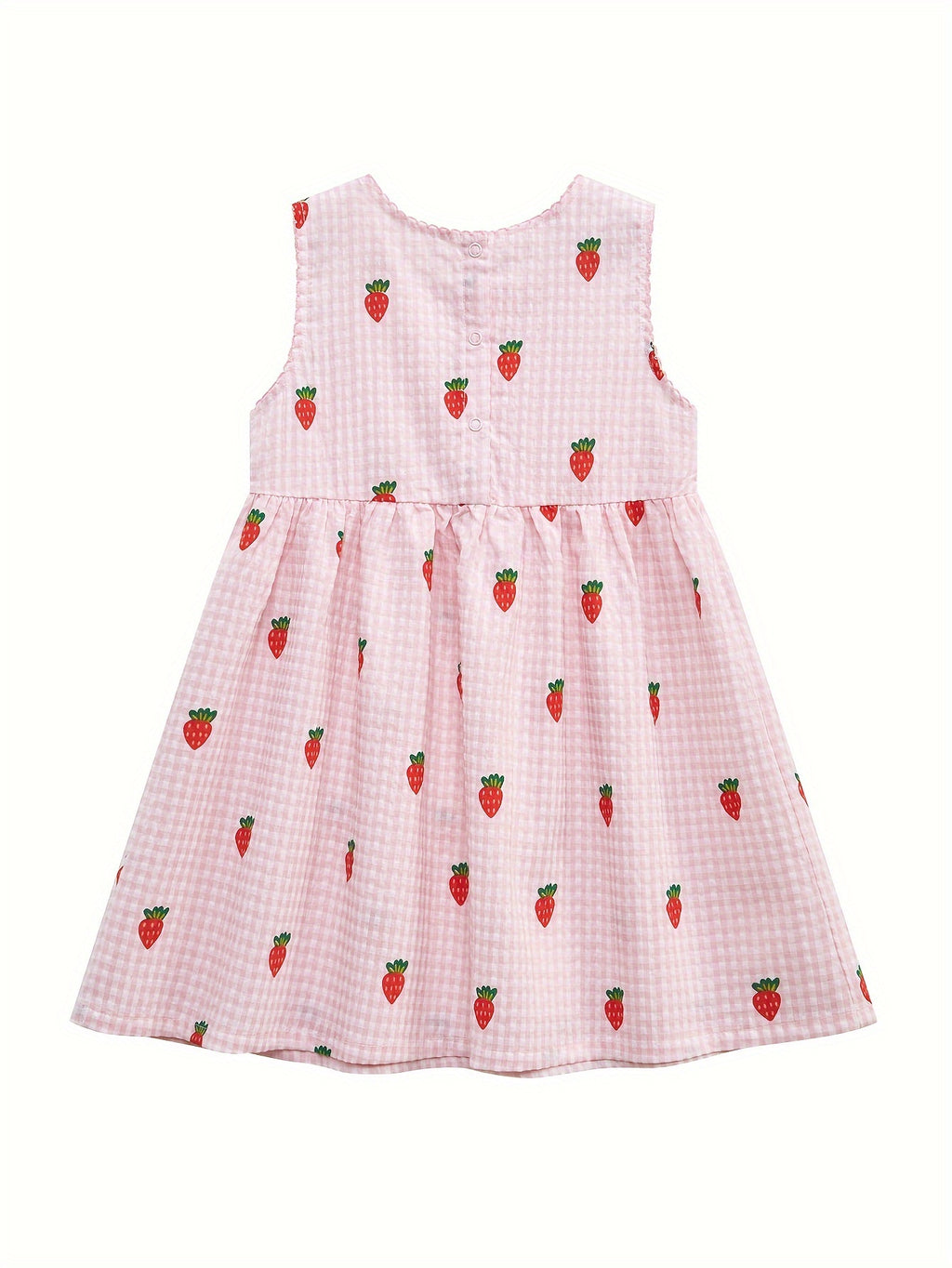 Summer Girls' Pink Cute Sleeveless Dress with Buttons, Cartoon Strawberry Casual Breathable Children's Dress