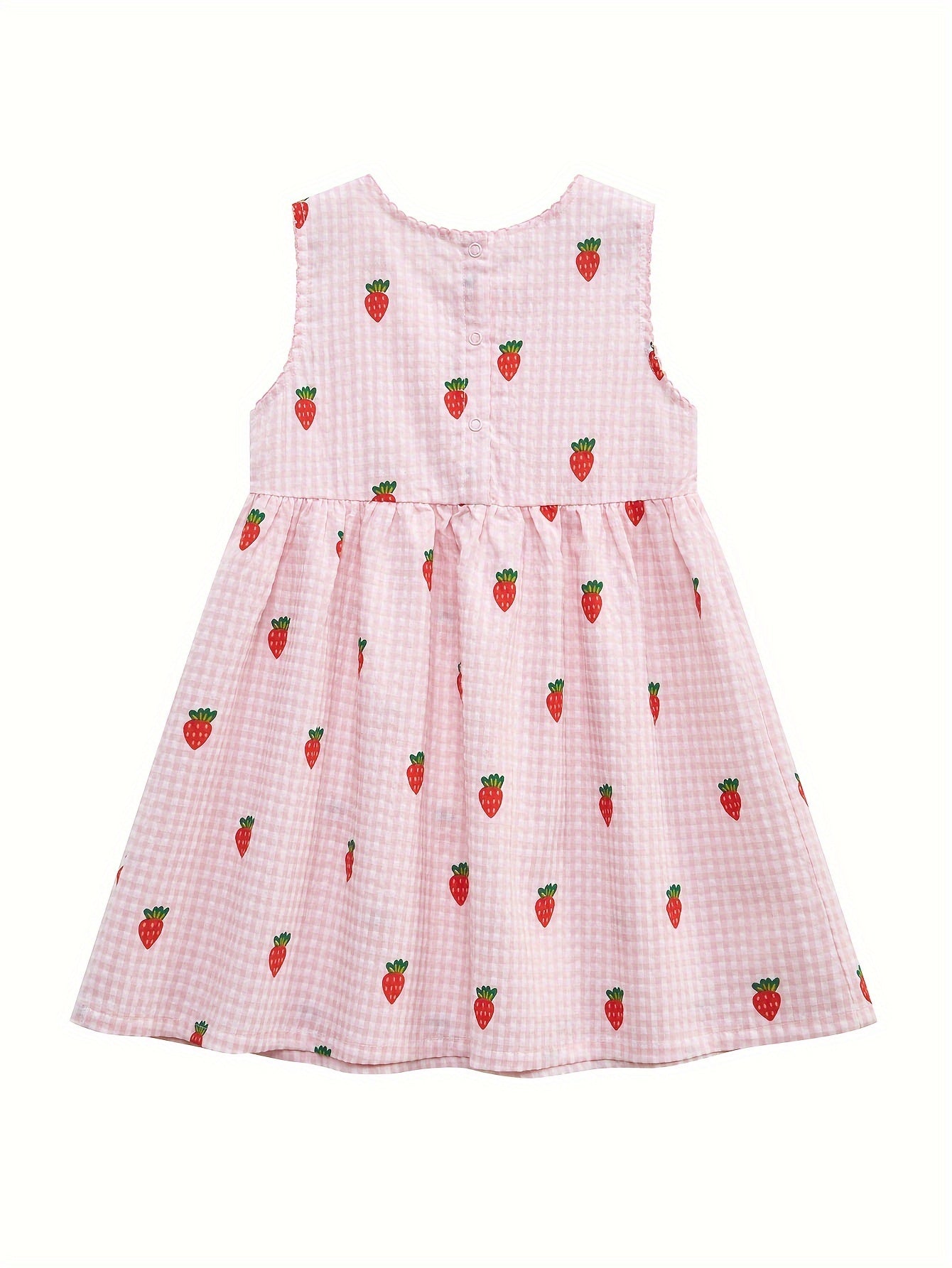 Summer Girls' Pink Cute Sleeveless Dress with Buttons, Cartoon Strawberry Casual Breathable Children's Dress