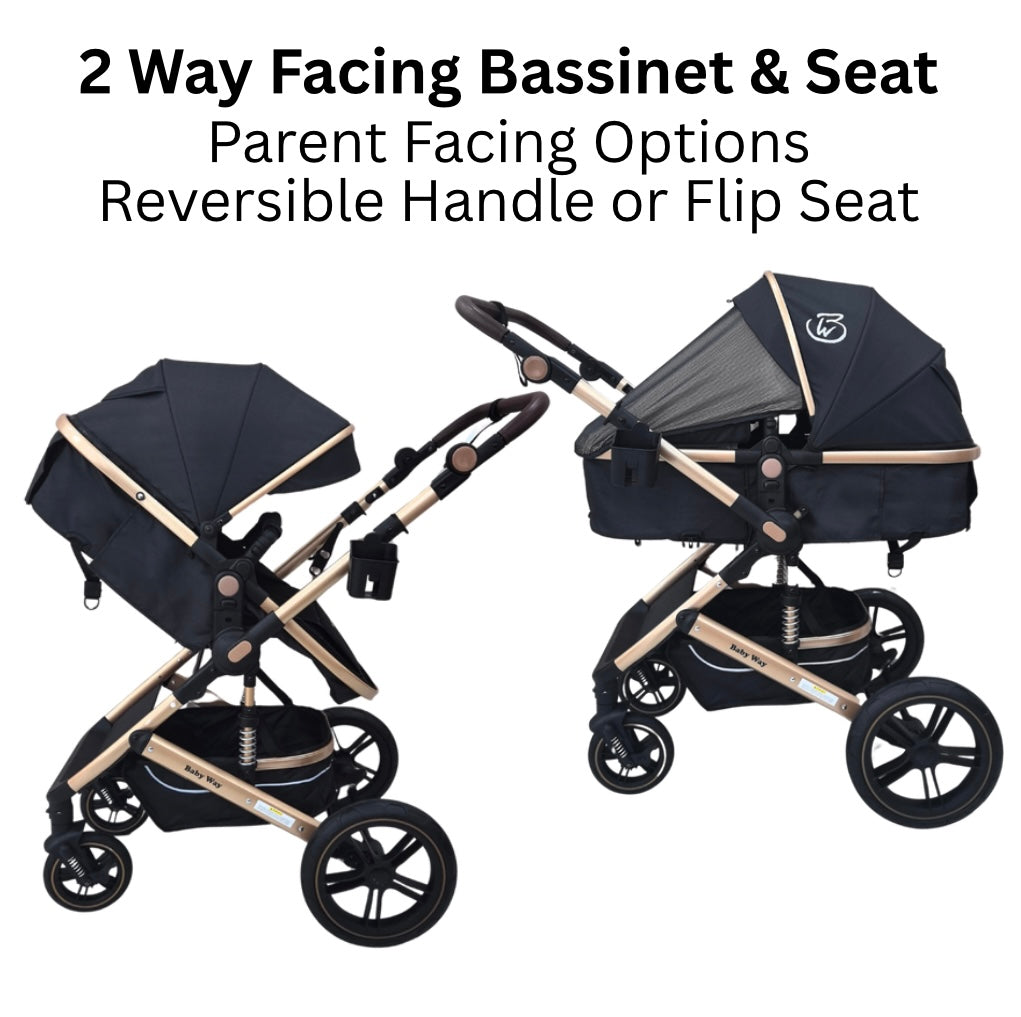 Preorder - Supra Gold 3-in-1 Travel System – Stroller Buggy + Bassinet + Capsule Car Seat and Mattress, Food Tray - Black Gold