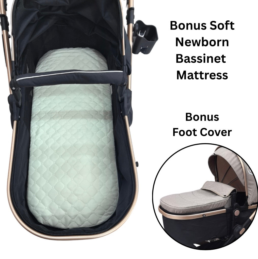 Preorder - Supra Gold - 3 in 1 Stroller Buggy + Bassinet + Capsule Car Seat Combo with Mattress, Food Tray and Beige Skin