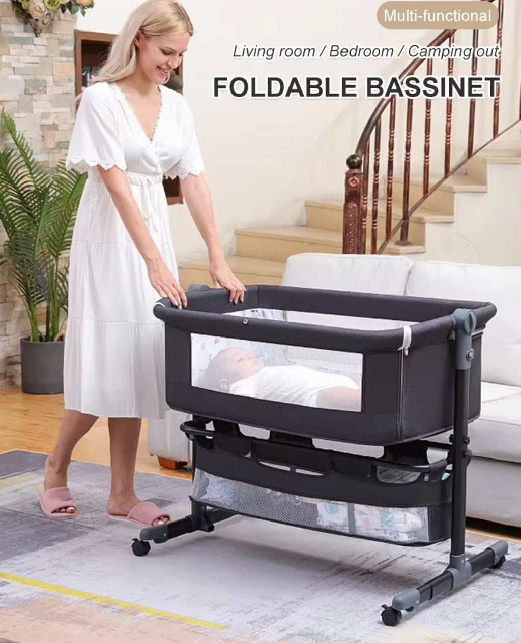 Lucca Baby Bassinet Cradle Co-Sleeper Bed with Canopy and Storage Basket