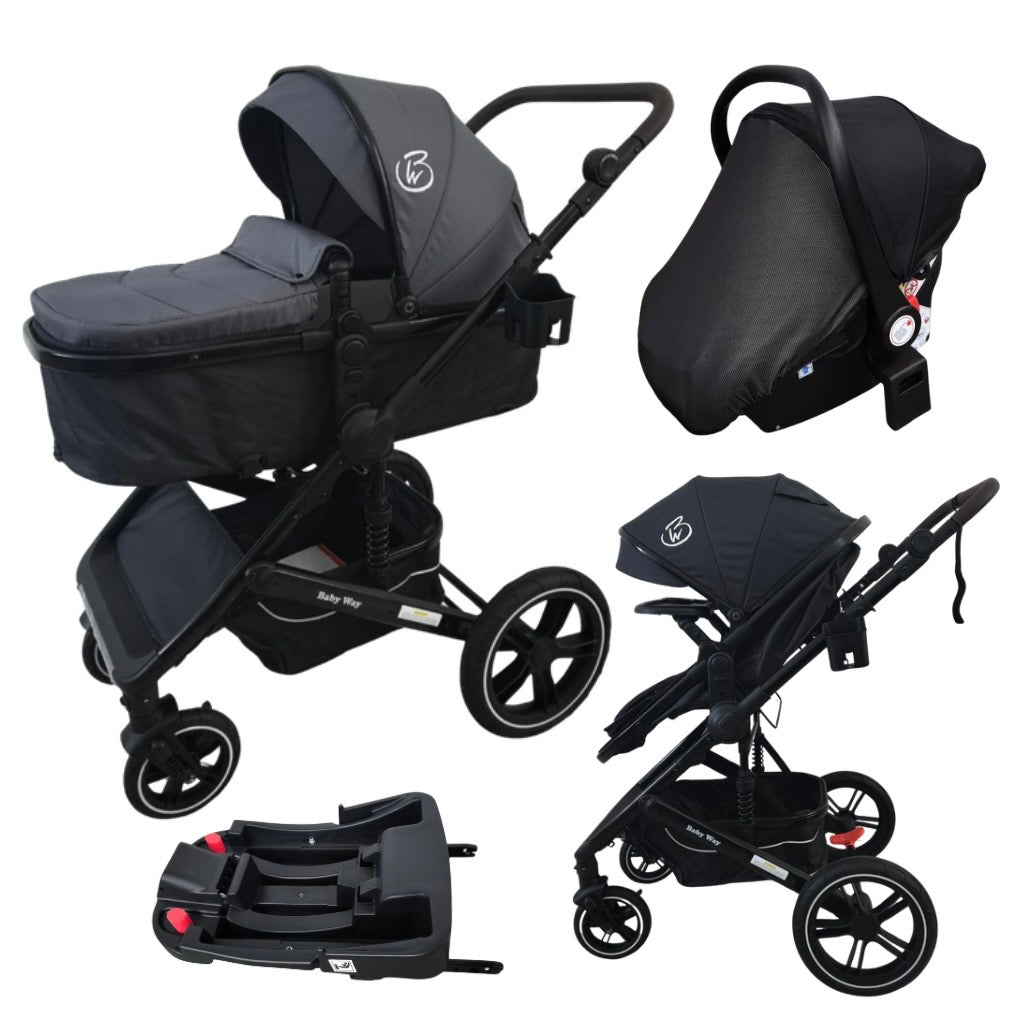 Supra Black - 3in1 Stroller Buggy + Bassinet + Capsule Travel System with Sunshade Sets and Food Tray & Grey Colour Pack