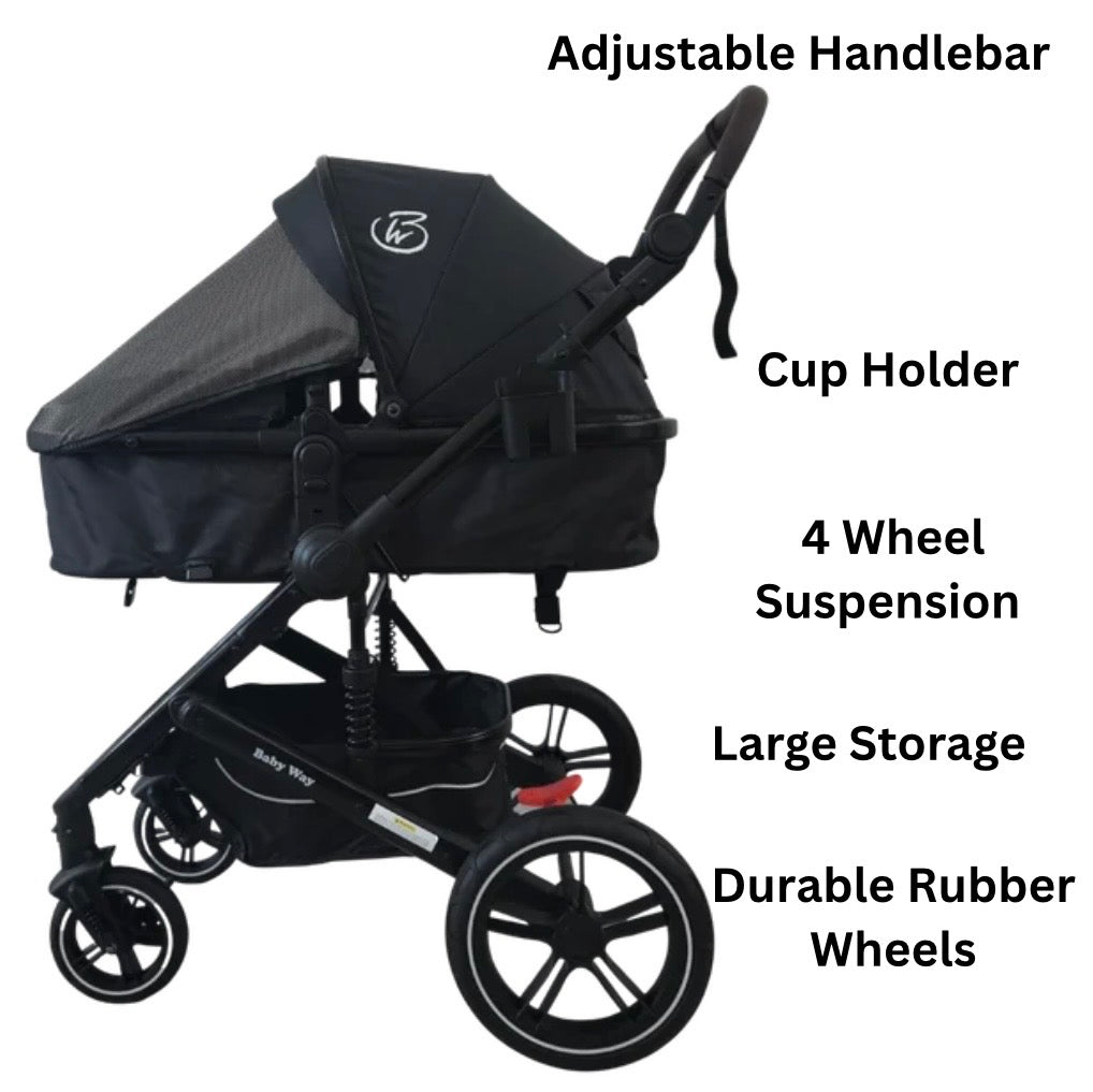 Supra Black - 3in1 Stroller Buggy + Bassinet + Capsule Travel System with Sunshade Sets and Food Tray & Beige Colour Pack