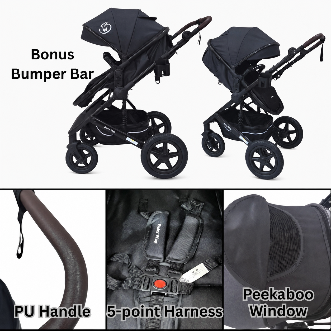 Supra Black - 3in1 Stroller Buggy + Bassinet + Capsule Travel System with Sunshade Sets and Food Tray & Grey Colour Pack