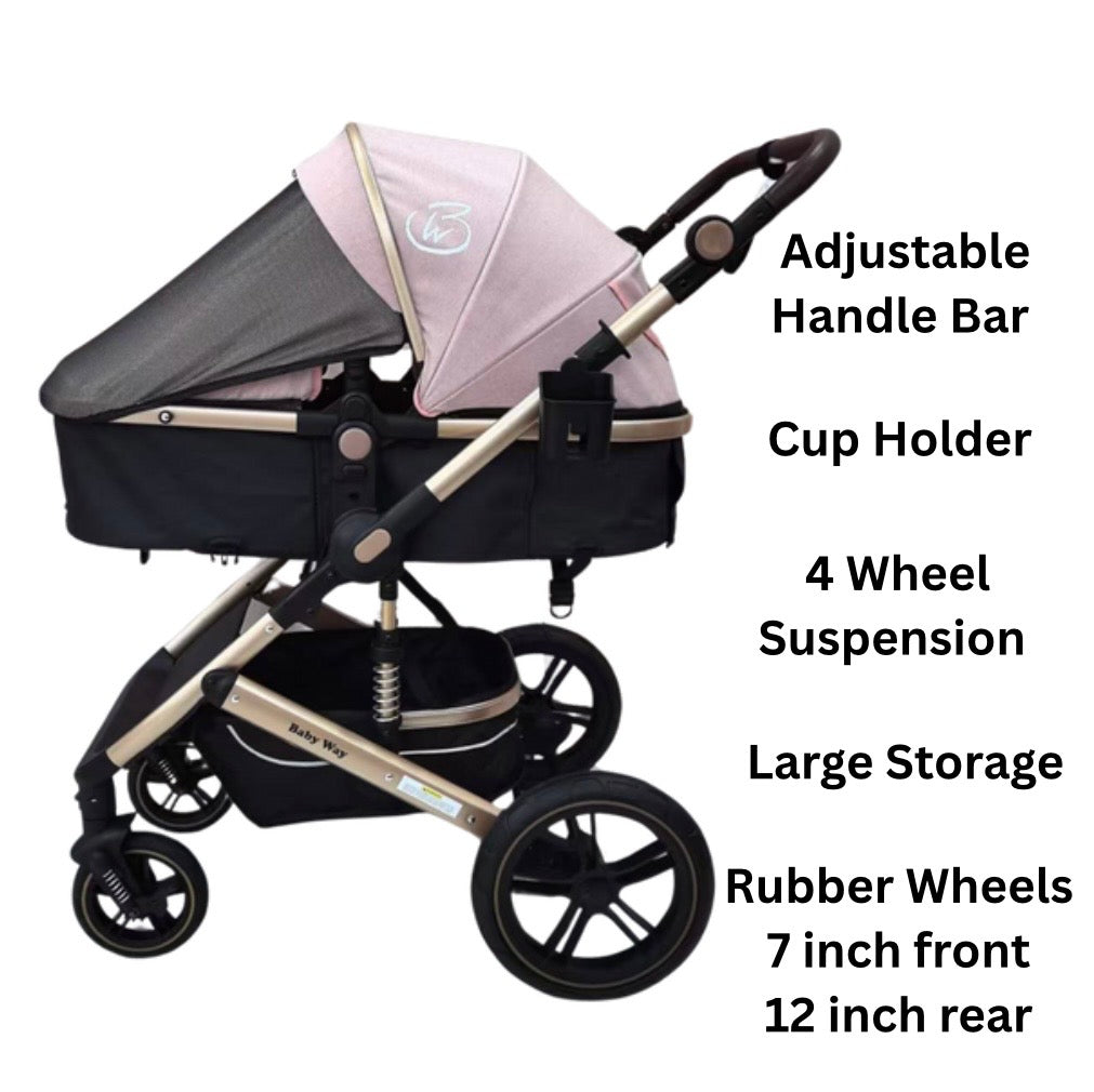 Preorder - Supra Gold - 3 in 1 Stroller Buggy + Bassinet + Capsule Car Seat Combo with Mattress, Food Tray and Pink Skin