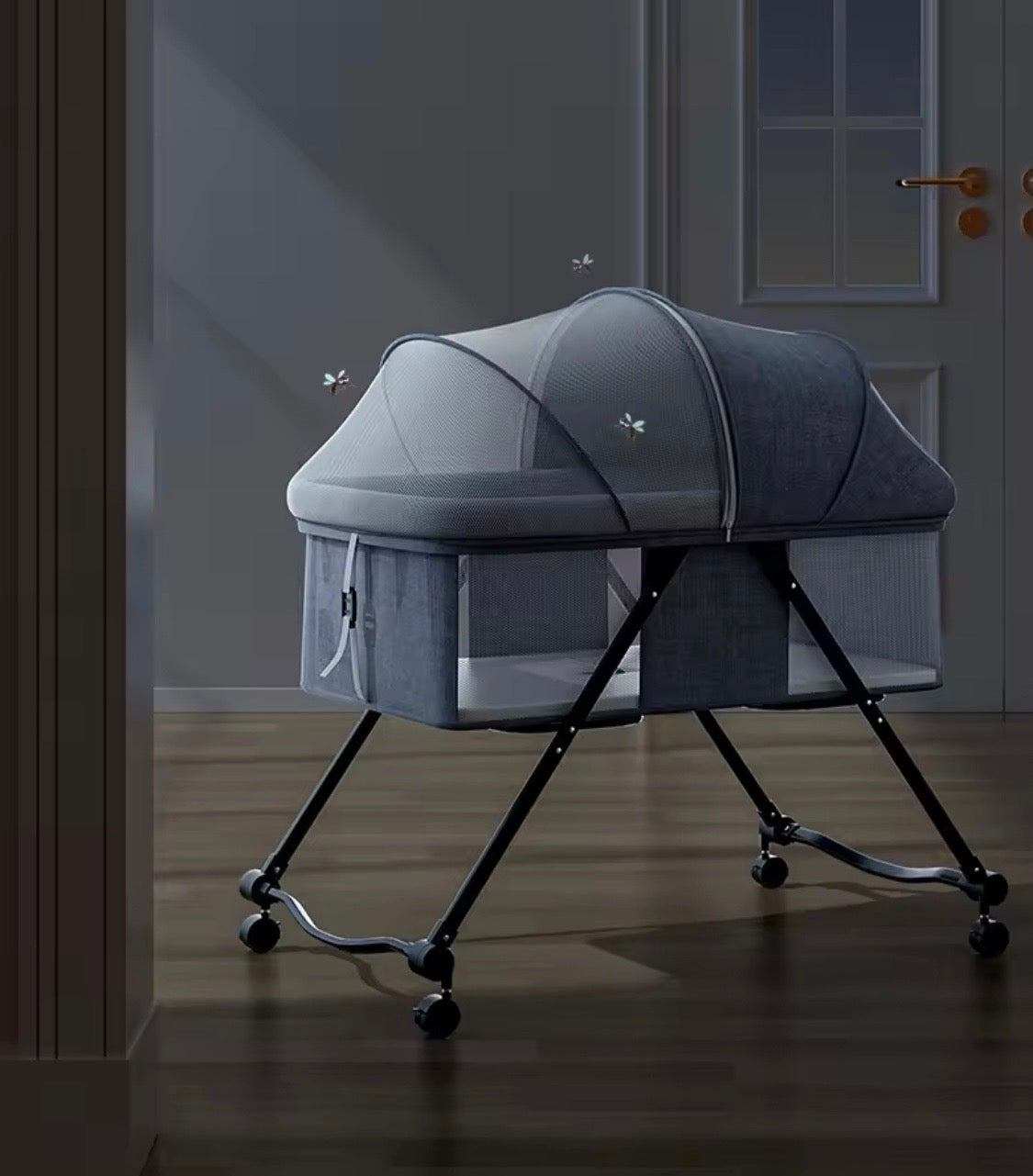 Luna Portable Compact Folding Baby Bassinet with Canopy and Locking Wheels
