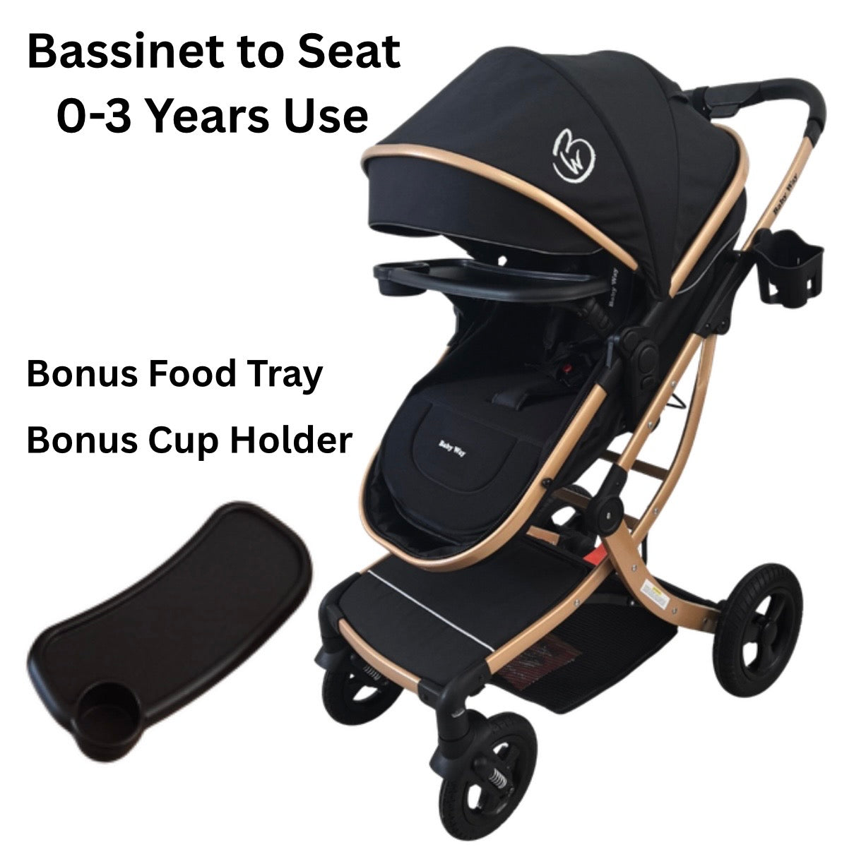 Preorder - Legacy Gold - 3in1 Stroller + Bassinet + Capsule Car Seat Combo with Mattress, Sunshades, Food Tray and Grey Skin