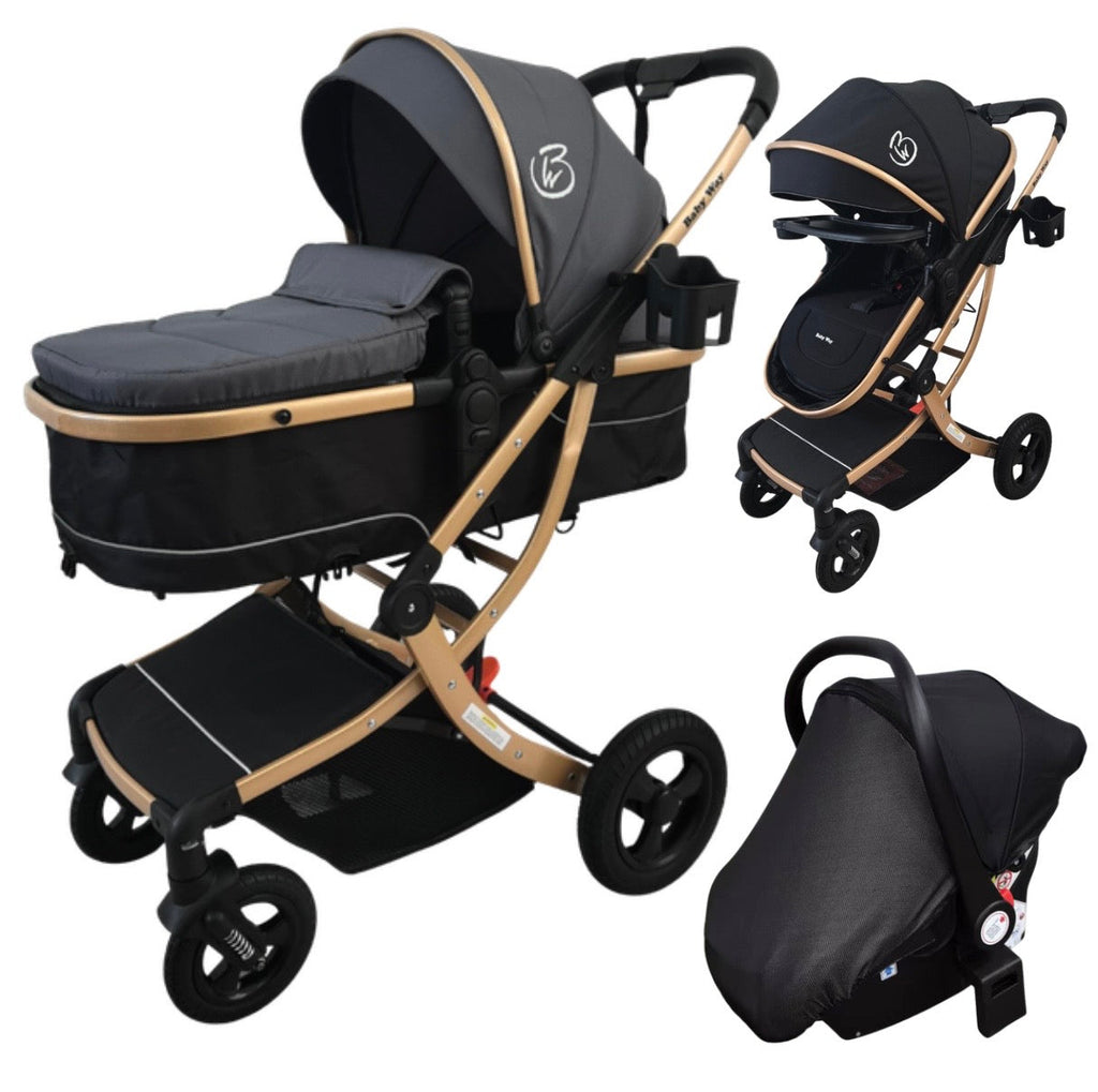 Preorder - Legacy Gold - 3in1 Stroller + Bassinet + Capsule Car Seat Combo with Mattress, Sunshades, Food Tray and Grey Skin