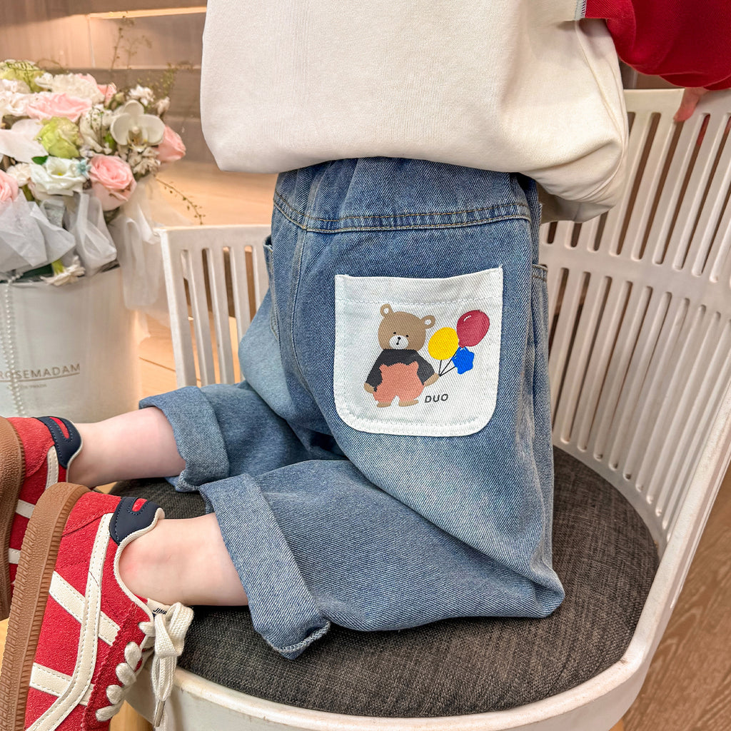 Children's Pocket Printed Jeans Girls Dad Pants Kids Clothing
